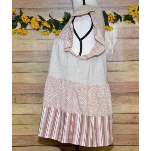 Entro Beige & Pink Cap Sleeve Tiered Blouse Top Size S Striped Polka Dots Cute - Picture 7 of 13